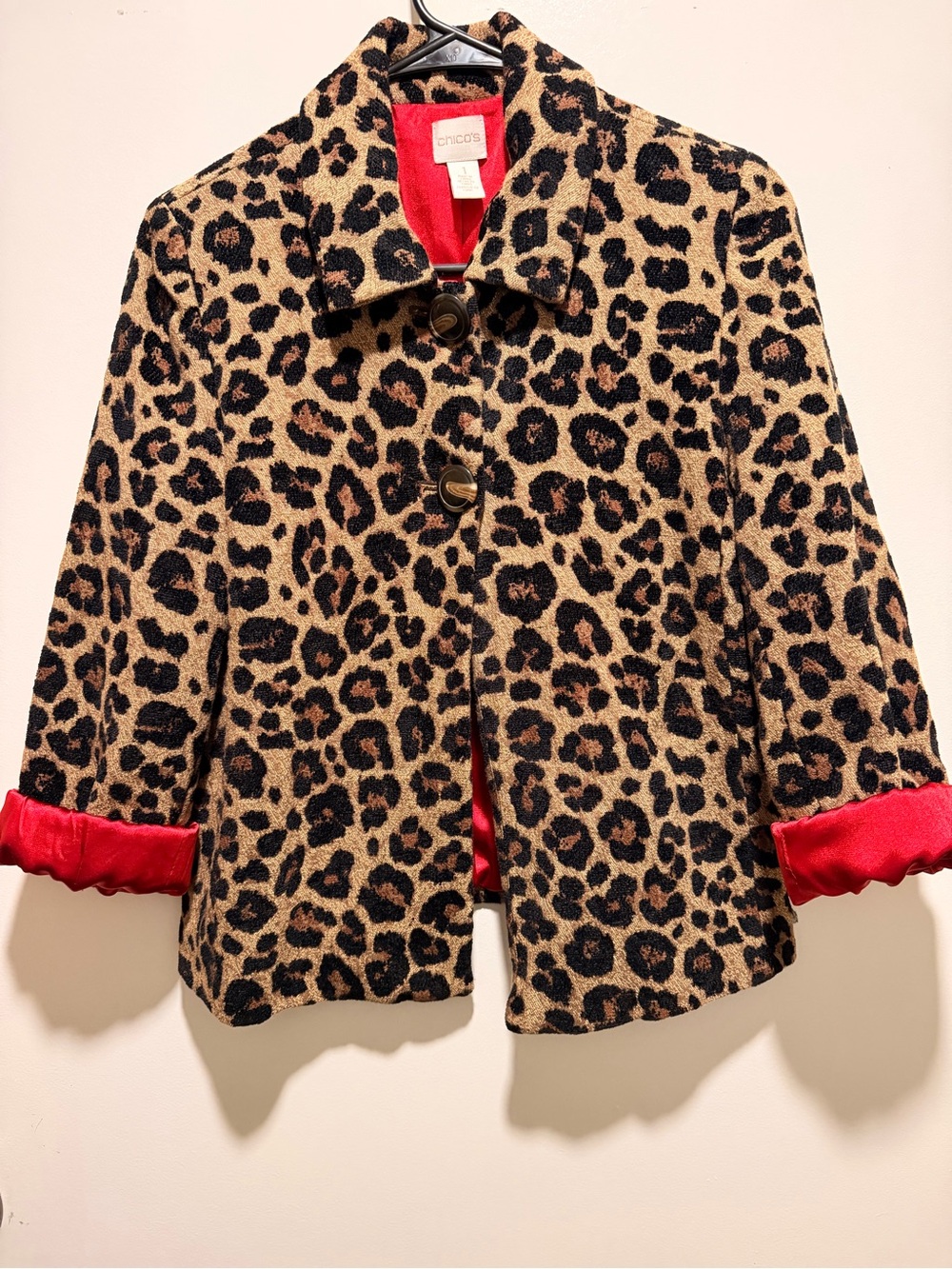 Chico's Leopard-Print Pea Coat with Red Lining
